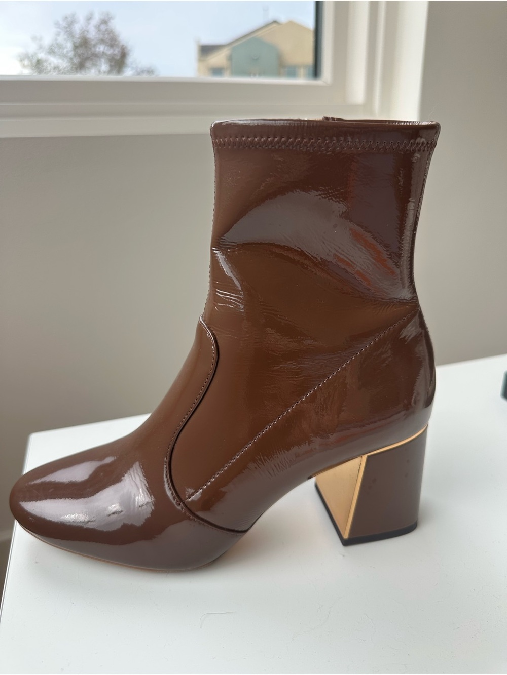 Tory Burch Dark Brown Patent Leather Block Heel Ankle Boots